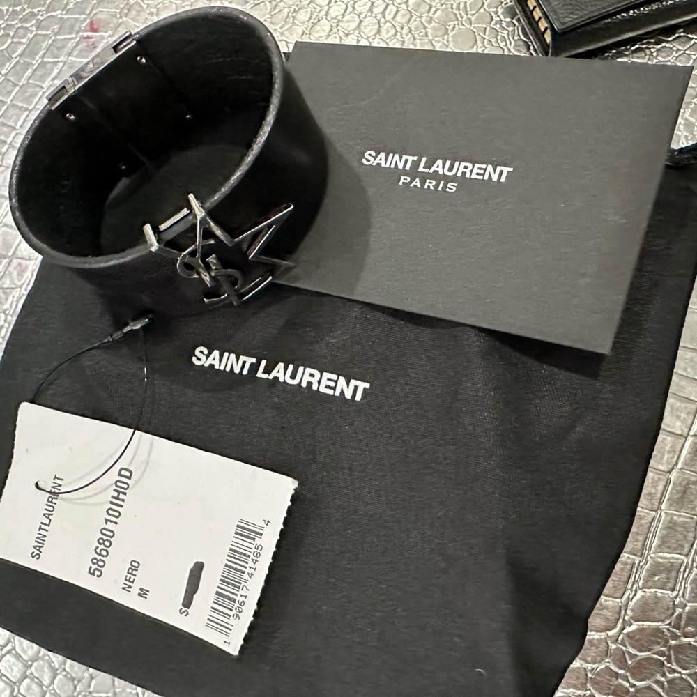 Yves Saint Laurent Black Leather Cuff Bracelet